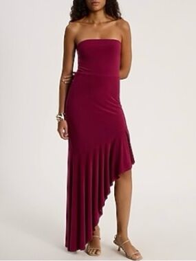 Express Berry Strapless Ruffle Hi-Lo Midi Dress